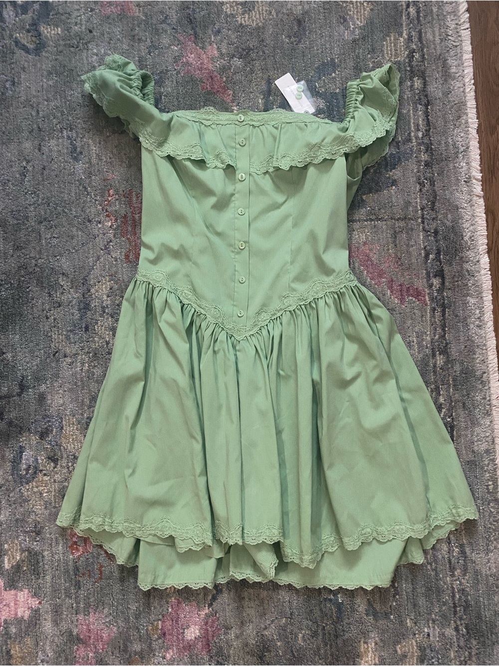 Anthro off-Shoulder Green Ruffle Dress